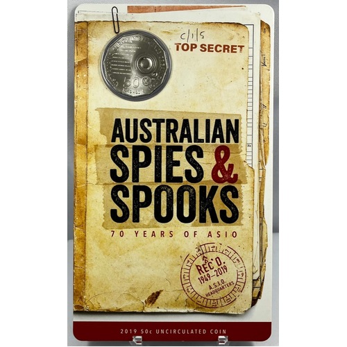 2019 50 Cent Uncirculated Coin on Card - ASIO Australian Spies & Spooks