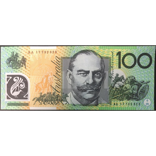 2017 $100 Note Lowe / Fraser AA17 First Prefix R625F Uncirculated