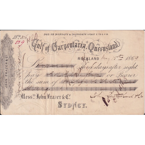 John Frazer (Gulf of Carpentaria) 1869 Sight Note about VF
