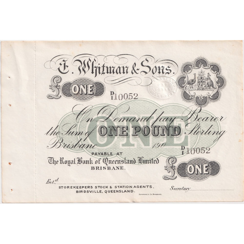 Whitman & Sons (Birdsville) One Pound Private Trader's Note about Unc