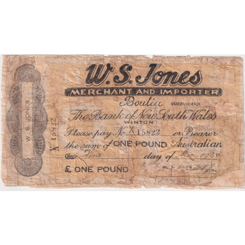 WS Jones (Boulia) 1938 One Pound Note Very Good