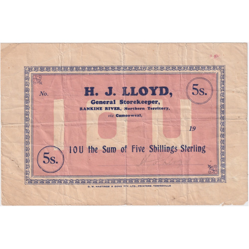 HJ Lloyd ca1931 Shinplaster for Five Shillings (Rankine River NT) Fine