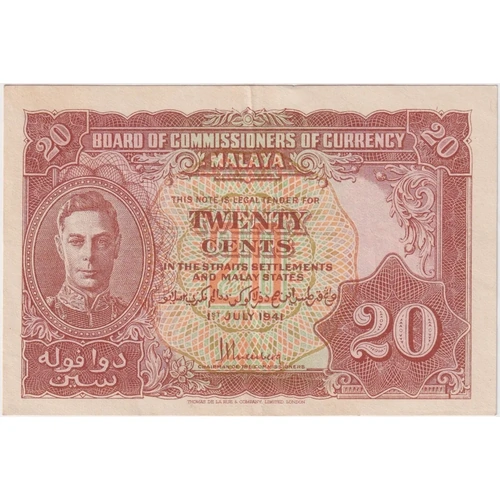 Malaya 1941 20 Cents P# 9 about Unc