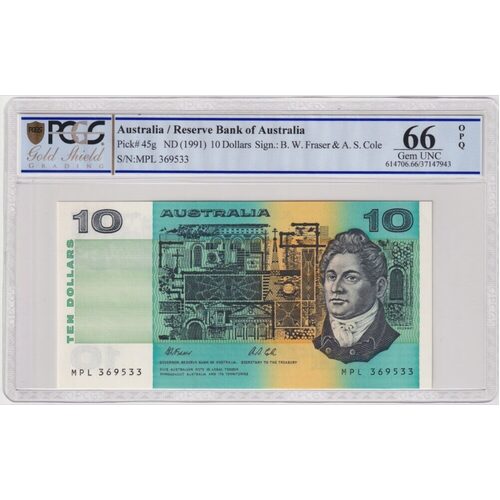 1991 $10 Note Paper Fraser/Cole Without PIL R313b Gem Unc PCGS 66