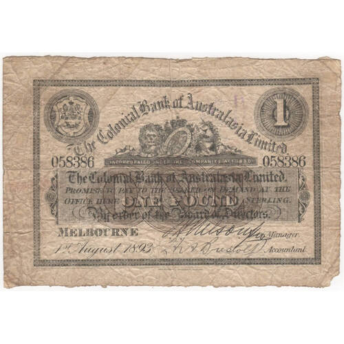 Colonial Bank of Australasia (Melbourne) 1893 One Pound Issued Note MVR# 3a Fine