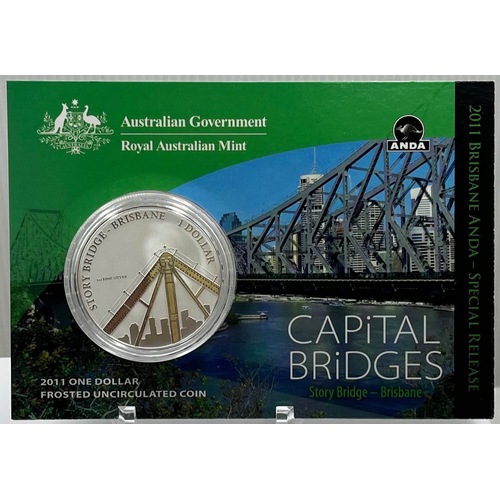 2011 Silver One Dollar Frosted Unc Coin Capital Bridges - Brisbane Story