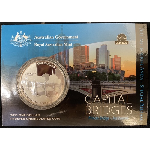 2011 Silver One Dollar Frosted Unc Coin Capital Bridges - Melbourne Princes