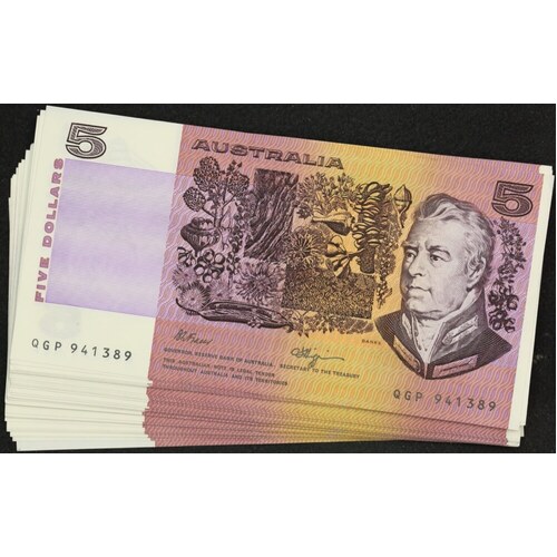 1990 $5 Note Fraser/Higgins R212 about Uncirculated Consecutive Run of 62