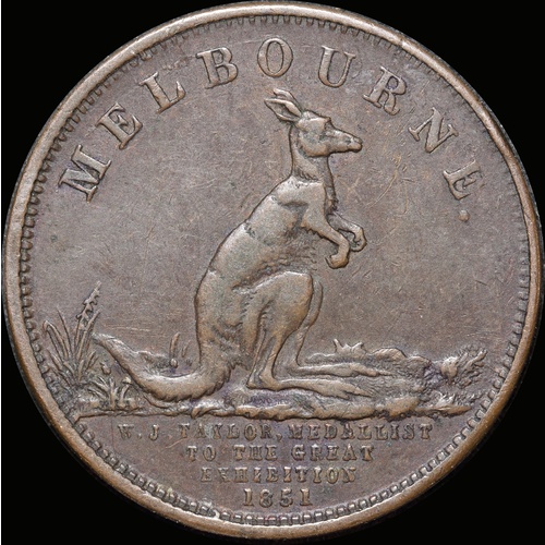 WJ Taylor Copper Halfpenny Token ca 1854 A# 573 Very Fine