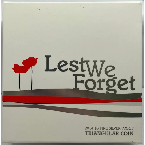 2014 Silver 5 Dollar Triangular Proof Coin Lest We Forget