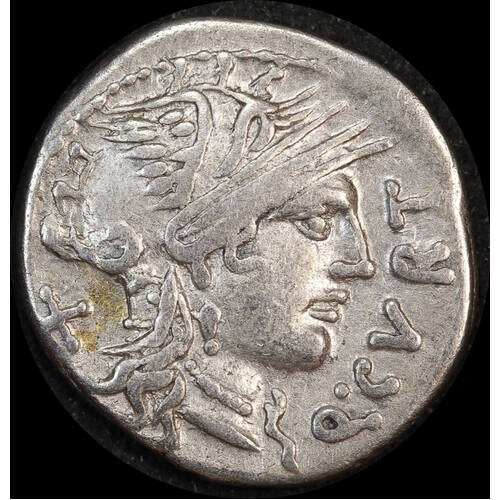 Ancient Rome (Imperial)  116 ~ 115BC Q. Curtius Silver Denarius Jupiter  RRC 285/2 Very Fine