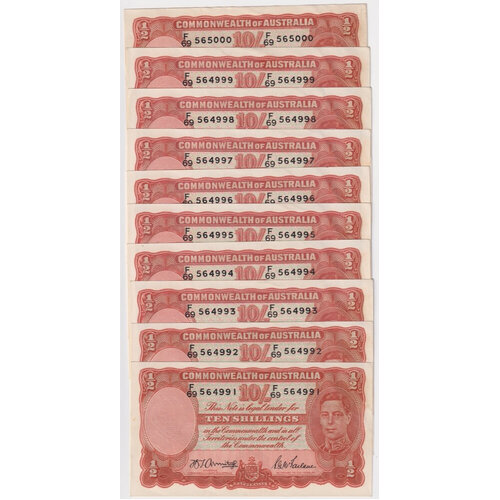1942 Ten Shilling Consecutive Run of 10 Armitage/McFarlane R13 good EF