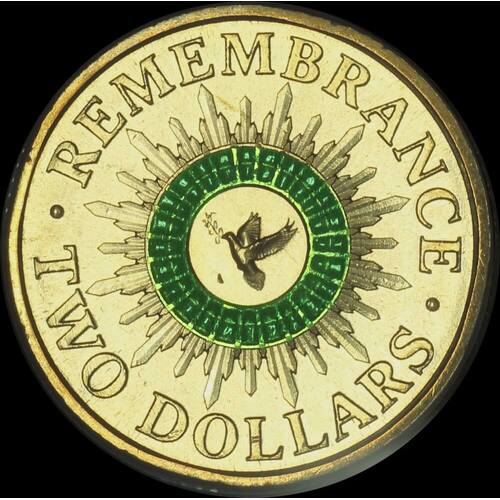 2014 Coloured 2 Dollar Coin Remembrance Green Dove Unc