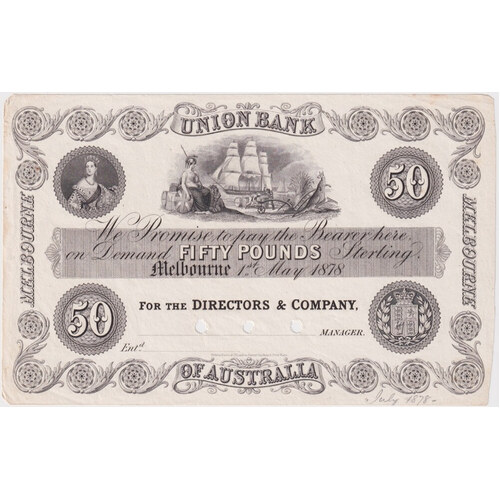 Union Bank of Australia (Melbourne) 1878 50 Pounds Unissued Printer's Proof MVR# 2 Uncirculated