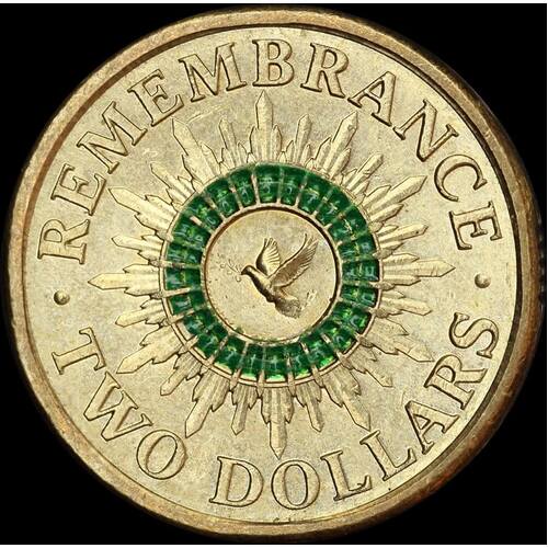 2014 Coloured 2 Dollar Coin Remembrance Day Green Dove about Unc