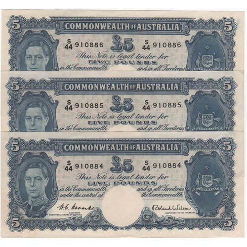 1952 Five Pound Consecutive Trio Coombs/Wilson R48 Extremely Fine