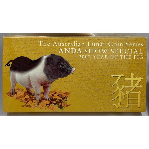 2007 Silver Lunar 2 Coin Set ANDA Show Special Coloured 1/2oz Pig