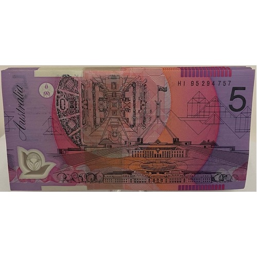 1995 $5 Note Bundle of 100 Narrow Orientation Bands Fraser/Evans R217ai Uncirculated