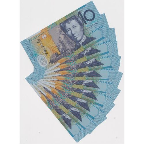 1998 $10 Note Consec Run of 9 Solid and Semi-Solid Serials R318c Uncirculated