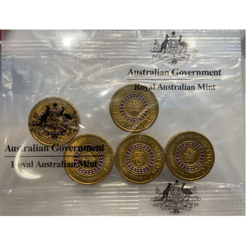 2013 Coloured 2 Dollar Mint Bag of 5 Coins Purple Crown Coronation