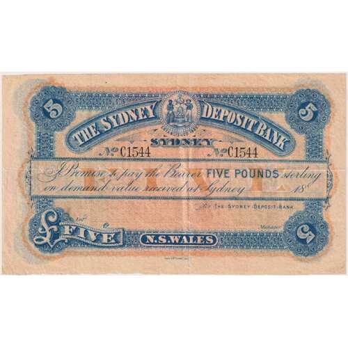 Sydney Deposit Bank (Sydney) Undated 5 Pound Unissued Remainder MVR# 1 Extremely Fine