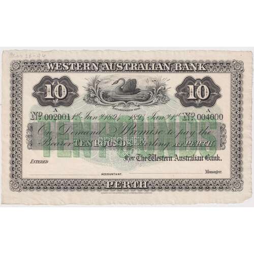 Western Australian Bank (Perth) 1894 10 Pounds Unissued Specimen Note MVR# 3c Uncirculated