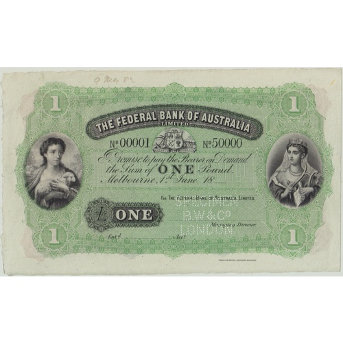 Federal Bank of Australia (Melbourne) ca 1882 1 Pound Unissued Specimen Note MVR# 1 Uncirculated Serials: 0001 - 50000
