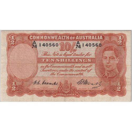 1949 Ten Shilling Coombs/Watt A/74 Last Prefix R14L PCGS VF20