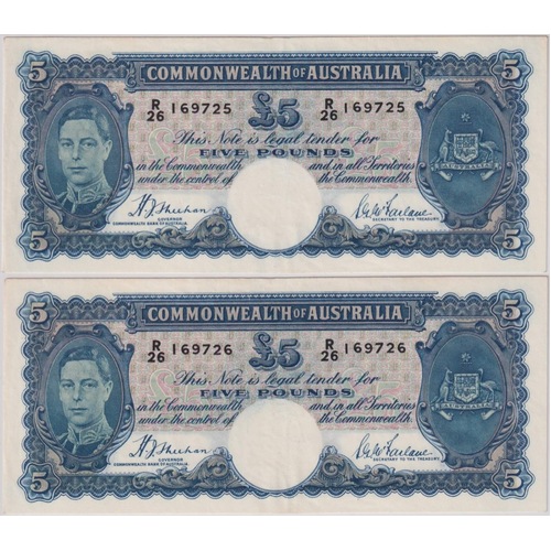 1939 Five Pound Consecutive Pair Sheehan/McFarlane R45 PMG AU53