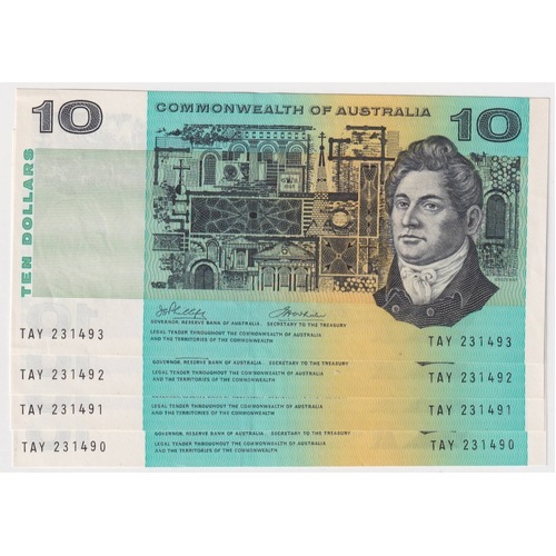1974 $10 Note Consecutive Run of 4 Australia Phillips/Wheeler R305 good EF