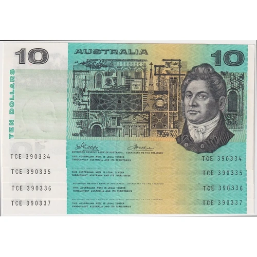 1974 $10 Note Consecutive Run of 4 Australia Phillips/Wheeler R305 good EF