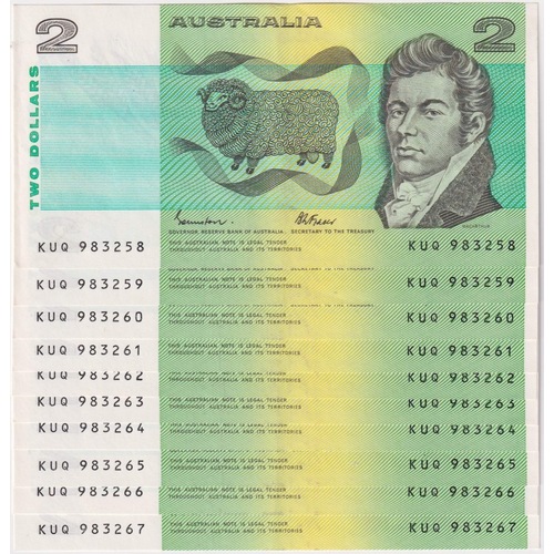 1985 $2 Note Consecutive run of 10 Johnston/Fraser R89 good EF