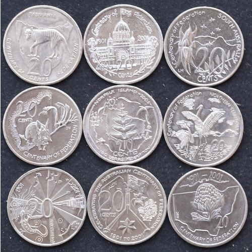 Australia 2001 Set of 9 20 Cent Coins Centenary of Federation Average Circulated