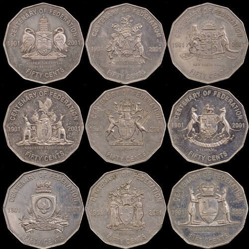 Australia 2001 Set of 9 50 Cent Coins Centenary of Federation Average Circulated