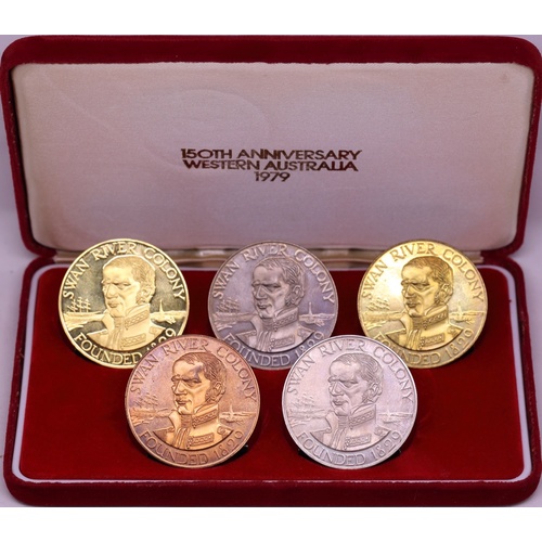 WA Sesquicentennial Set of 5 Medallions 1979 Includes Gold 2 ozt AGW