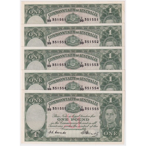 1949 One Pound Consecutive Run of 5 Notes Coombs/Watt R31 EF