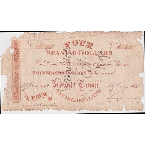 1823 Van Diemen's Land 4 Spanish Dollars Promissory Note Lempreire Good