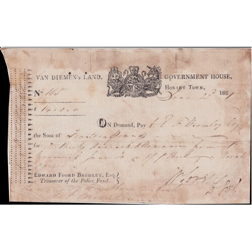 Van Diemen's Land 1821 Police Fund Note for 14 Pounds # 185 about VF