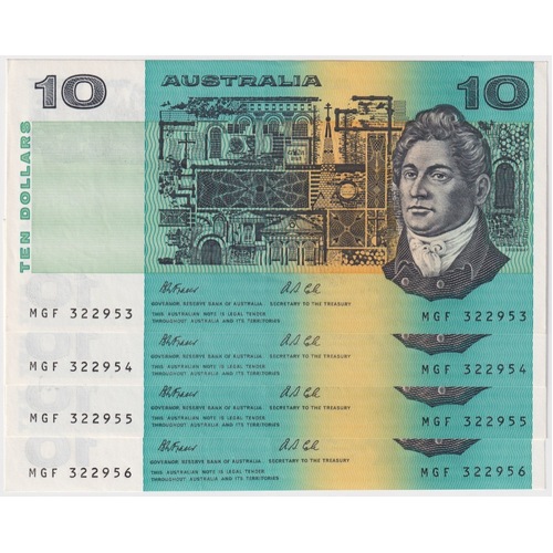 1991 $10 Note Paper Fraser/Cole With PIL R313a Consecutive Run of 4 about Unc