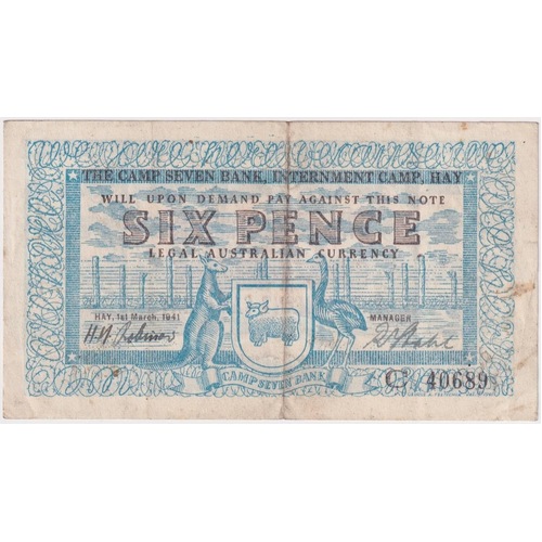1941 Hay Internment Camp Sixpence Note Robinow / Stahl good VF