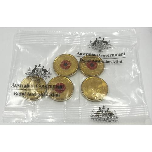 2018 Coloured 2 Dollar Mint Bag of 5 Coins Remembrance Day