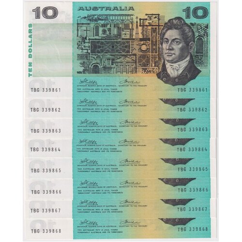 1974 $10 Note Consecutive Run of 8 Australia Phillips/Wheeler R305 about Unc
