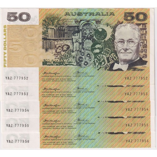1976 $50 Note Consecutive Run of 5 Gothic Centre Knight/Wheeler R506A good EF