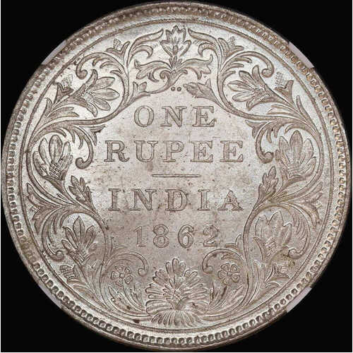 India (British) 1862 Silver Rupee KM#473.1 NGC MS62