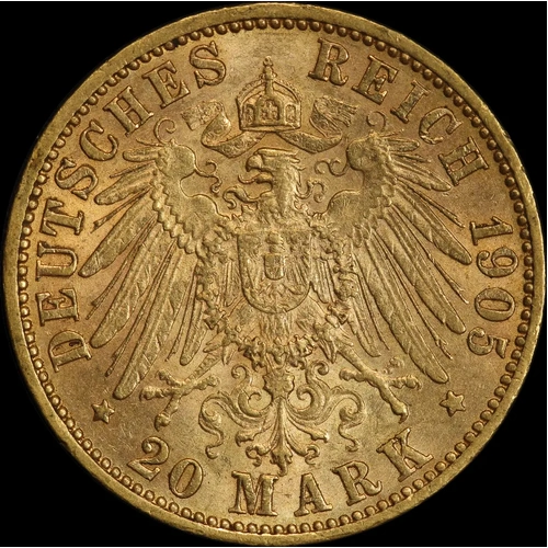 German States (Prussia) 1905-A Gold 20 Marks P# 521 good VF