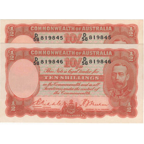 1936 Ten Shilling Consecutive Pair Riddle/Sheehan R11 about Unc