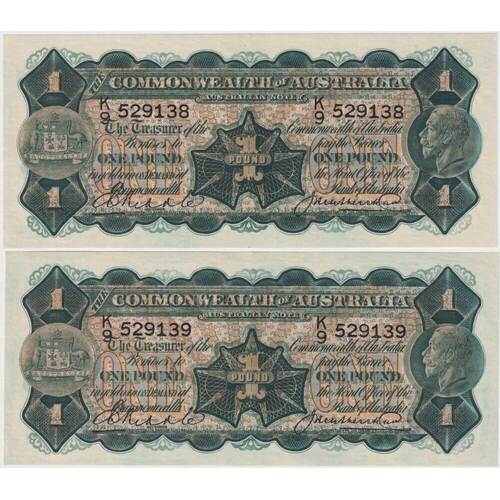 1927 One Pound Consecutive Pair Riddle/Heathershaw R26 about Unc