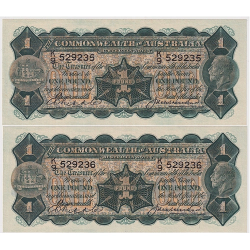 1927 One Pound Consecutive Pair Riddle/Heathershaw R26 about Unc