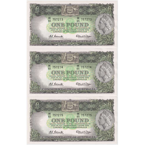 1961 One Pound Consecutive Trio Last Prefix HK/65 Coombs/Wilson R34bL Uncirculated