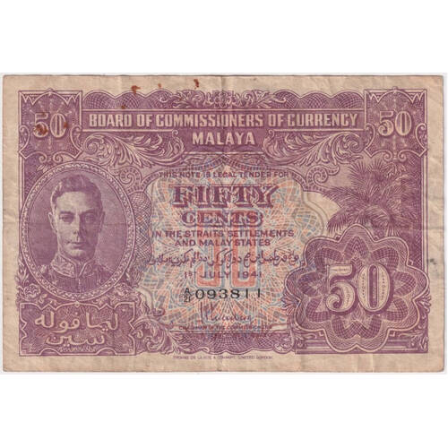 Malaya 1941 50 Cents P# 10 Fine